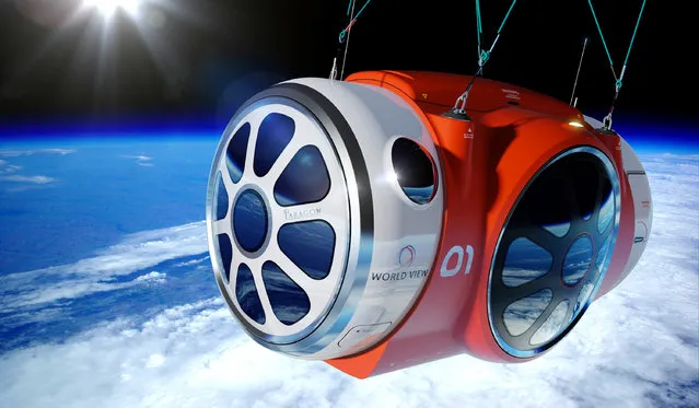 An undated image provided by World View shows an illustration of the World View space capsule which is complete with Wi-Fi, a bar, a lavatory and a 360-degree view. The Arizona company plans to loft passengers to altitudes above 100,000 feet in a capsule suspended below a “parawing” and a helium balloon. The trip some 19 miles high would be to “near space” but would give a substantial view of the Earth far below while avoiding the stress of G forces endured during rocket flight. (Photo by World View via AP Photo)