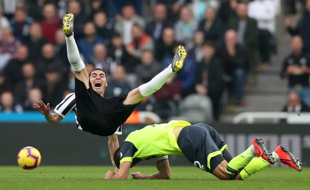 Newcastle United's Miguel Almiron reacts after a challenge from Huddersfield Town's Tommy Smith which led to a red card during the Premier League match between Newcastle United and Huddersfield Town at St. James Park on February 23, 2019 in Newcastle upon Tyne, United Kingdom. (Photo by Scott Heppell/Reuters)