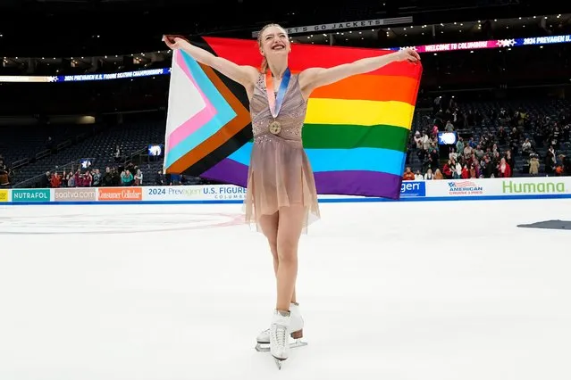 Amber Glenn takes a victory lap around the rink following the championship women medal ceremony during the 2024 US Figure Skating Championships at Nationwide Arena in Columbus, Ohio on January 26, 2024. (Photo by Adam Cairns/USA TODAY Sports)