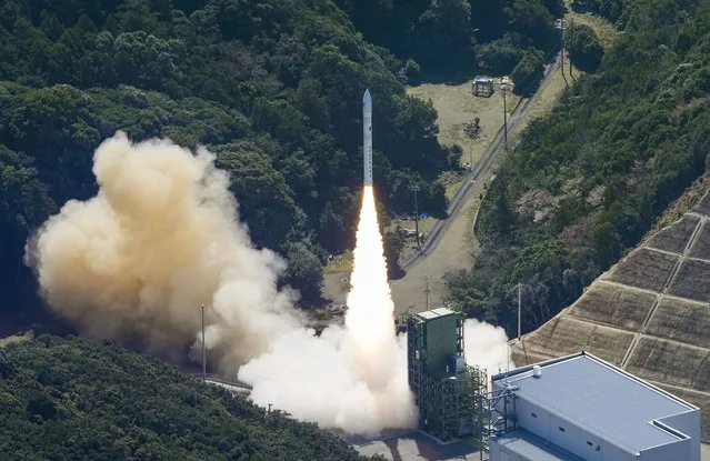Japan's Space One's small, solid-fueled Kairos rocket lifts off before it explodes, shortly after the launch at Space One's launching pad on the tip of Kii peninsula in Kushimoto town, Wakayama prefecture, Japan on March 13, 2024, in this photo taken by Kyodo. (Photo by Kyodo News via Reuters)