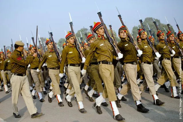Indian soldiers march in preparation for the upcoming Republic Day parade