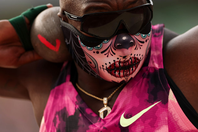 Raven Saunders wears a mask as she competes in the women's shot put final on Day Nine of the 2024 U.S. Olympic Team Track & Field Trials at Hayward Field on June 29, 2024 in Eugene, Oregon. (Photo by Patrick Smith/Getty Images)