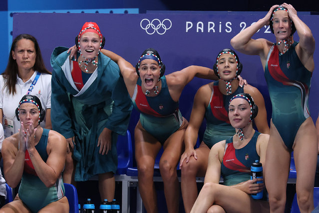 Members of Team Hungary react during the Women's Preliminary Round - Group A match between Team Netherlands and Team Hungary on day one of the Olympic Games Paris 2024 at Aquatics Centre on July 27, 2024 in Paris, France. (Photo by Clive Rose/2024 Getty Images)