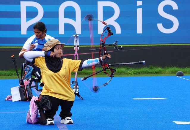 Nur Abdul Jalil of Malaysia in action against Sarita of India during the women's individual compound open 1/16 elimination in Paris, France on August 30, 2024. (Photo by Jeremy Lee/Reuters)