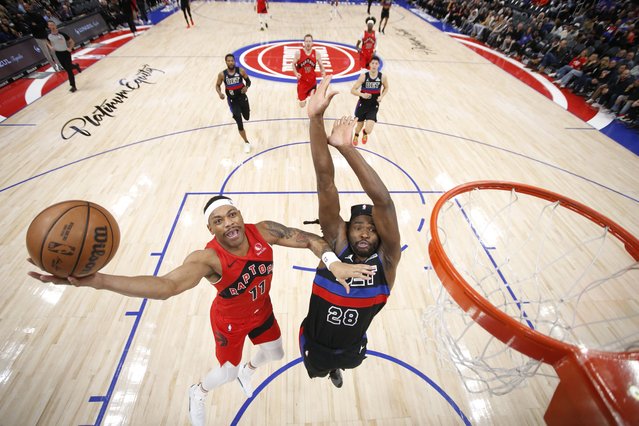 Bruce Brown #11 of the Toronto Raptors shoots the ball during the game against the Detroit Pistons on January 11, 2025 at Little Caesars Arena in Detroit, Michigan. (Photo by Brian Sevald/NBAE via Getty Images)