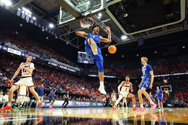 Jasen Green #0 of the Creighton Bluejays dunks the ball in the second half against the Louisville Cardinals in the first round of the NCAA Men's Basketball Tournament at Rupp Arena on March 20, 2025 in Lexington, Kentucky. (Photo by Andy Lyons/Getty Images)