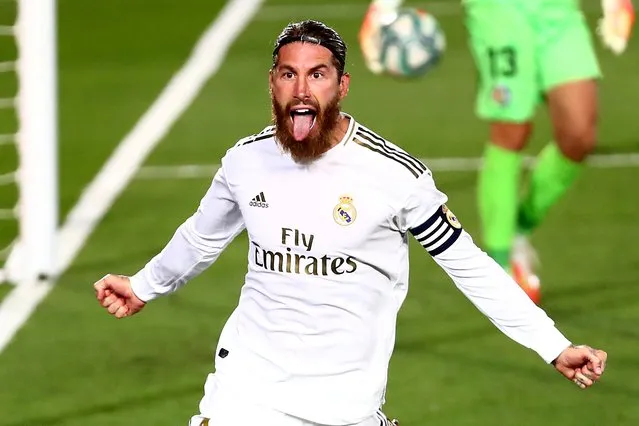 Real Madrid's Sergio Ramos celebrates scoring their first goal, as play against Getafe resumes behind closed doors following the coronavirus outbreak in Madrid, Spain, July 2, 2020. (Photo by Sergio Perez/Reuters)