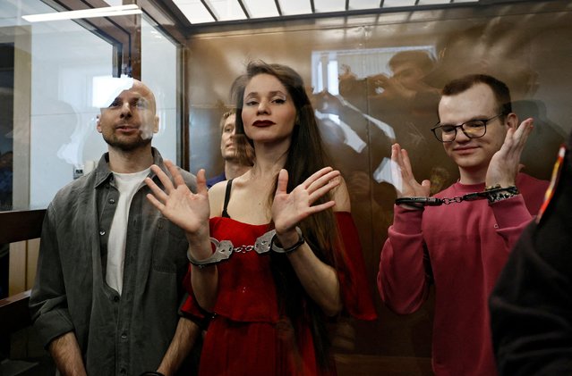 Journalists Sergei Karelin, Konstantin Gabov, Antonina Favorskaya and Artem Kriger, accused of taking part in the activities of an “extremist” organization founded by late opposition politician Alexei Navalny, attend a court hearing in Moscow, Russia on April 15, 2025. (Photo by Yulia Morozova/Reuters)
