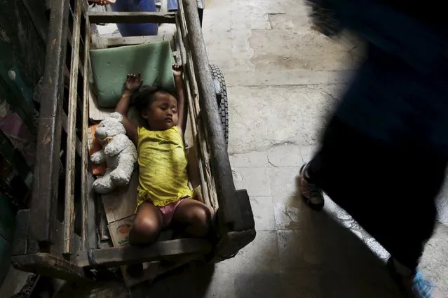 A child sleeps on a cart at a vegetable market in Jakarta, Indonesia October 1, 2015. (Photo by Reuters/Beawiharta)