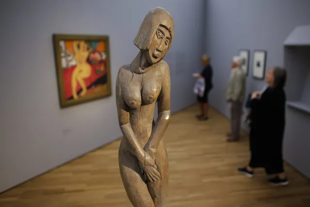 The sculpture “Standing Woman” from 1912 by artist Ernst Ludwig Kirchner displayed at the “Hamburger Bahnhof – Museum for Contemporary Arts” in Berlin, Tuesday, September 20, 2016. The exhibition named “Ernst Ludwig Kirchner – Hieroglyphen” showing the complete collection of Berlin's Nationalgallerie works of the German artist Ernst Ludwig Kirchner and will run from Sept. 23, 2016 until Feb. 26, 2017. (Photo by Markus Schreiber/AP Photo)