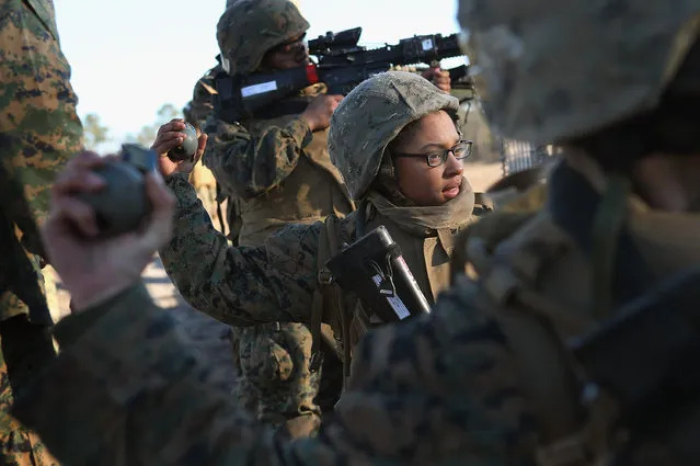 Pvt. Gina Rodriguez prepares to throw a practice grenade during Marine Combat Training (MCT) on February 21, 2013 at Camp Lejeune, North Carolina.  Since 1988 all non-infantry enlisted male Marines have been required to complete 29 days of basic combat skills training at MCT after graduating from boot camp. MCT has been required for all enlisted female Marines since 1997. About six percent of enlisted Marines are female.  (Photo by Scott Olson)