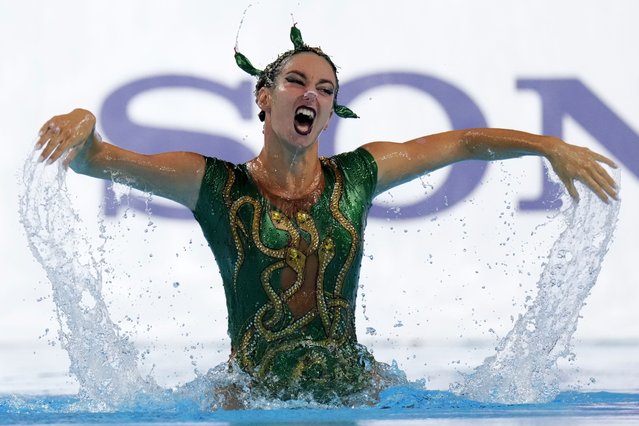 Zoi Karangelou of Greece competes in the women's solo free preliminary of artistic swimming at the World Aquatics Championships in Singapore, Sunday, July 20, 2025. (Photo by Lee Jin-man/AP Photo)