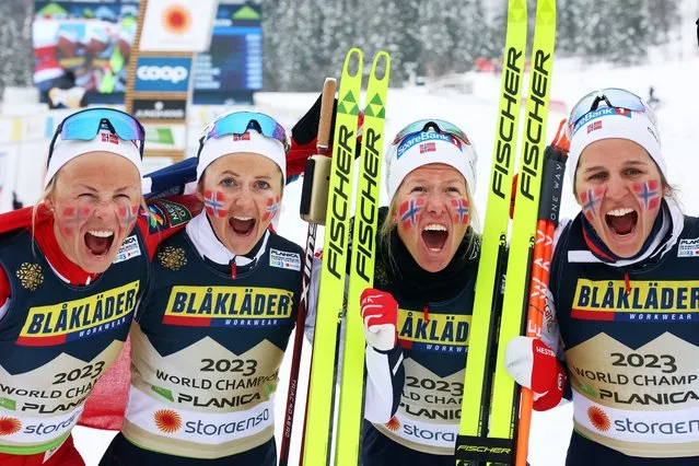 Norway's team celebrates after winning the women's 4x5km relay at the 2023 FIS Nordic World Ski Championship in Planica, Slovenia on March 2, 2023. (Photo by Borut Zivulovic/Reuters)