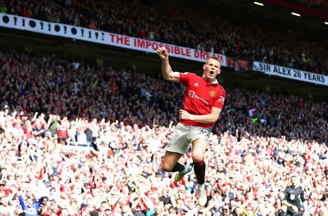 Scott McTominay of Manchester United celebrates after scoring the team's first goal during the Premier League match between Manchester United and Everton FC at Old Trafford on April 08, 2023 in Manchester, England. (Photo by Jan Kruger/Getty Images)