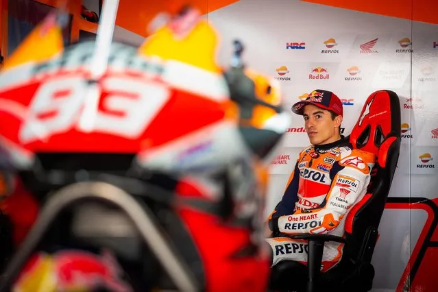 Spanish rider of Repsol Honda team, Marc Marquez, prepares for the first MotoGP free training session of the Motorcycling Grand Prix of Portugal at Algarve International race track, Portimao, Portugal, 16 April 2021. The Motorcycling Grand Prix of Portugal will take place on 18 April 2021. (Photo by Jose Sena Goulao/EPA/EFE)