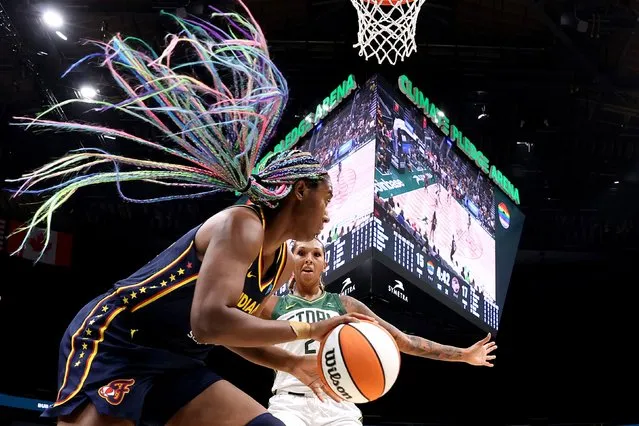 Mercedes Russell #21 of the Seattle Storm defends Aliyah Boston #7 of the Indiana Fever during the first quarter at Climate Pledge Arena on June 22, 2023 in Seattle, Washington. (Photo by Steph Chambers/Getty Images)