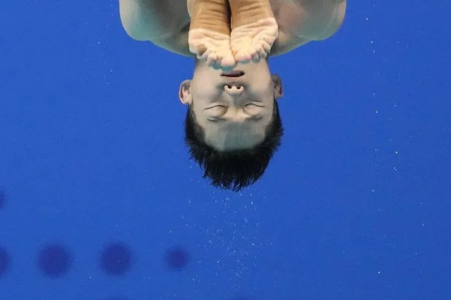 Wang Zongyuan of China performs during men's 1m Springboard diving final at the 19th Asian Games in Hangzhou, China, Jinhua, Monday, October 2, 2023. (Photo by Aaron Favila/AP Photo)