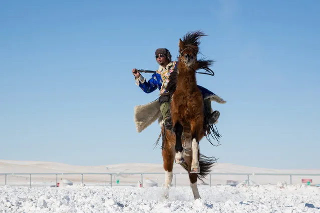 A horseman performs at Fenghuang Horse Farm on the Xilingol Plateau in Inner Mongolia, China on January 29, 2016. (Photo by Qu Shihong/Xinhua Press/Corbis)