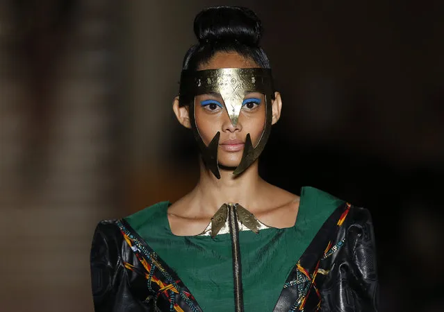A model wears a creation from the summer collection of Kenya's Jamil Walji, during a Sao Paulo Fashion Week event featuring African designers, at the Brazilian African Museum, in Sao Paulo, Brazil, Friday, April 17, 2015. (Photo by Andre Penner/AP Photo)