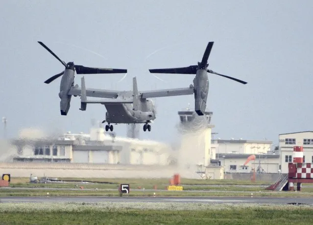 A U.S. military CV-22 Osprey takes off from Iwakuni base, Yamaguchi prefecture, western Japan, on July 4, 2018. Japanese and American military divers have spotted what could be the remains of a U.S. Air Force Osprey aircraft that crashed last week off southwestern Japan and several of the six crewmembers who are still missing, local media reported Monday, Dec. 4, 2023. (Photo by Kyodo News via AP Photo)