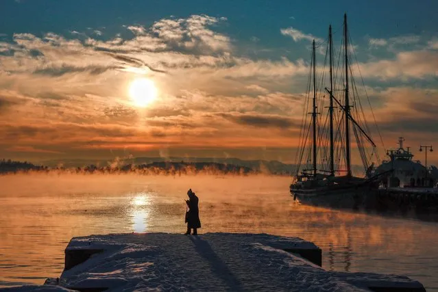 A tourist uses her mobile phone as she stands on the Pipervika Hammock during sunset in Oslo, Norway on January 6, 2024. (Photo by Gonzalo Fuentes/Reuters)