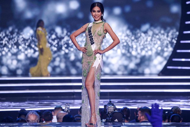 Miss Cambodia, Ngin Marady, presents herself on stage during the preliminary stage of the 70th Miss Universe beauty pageant in Israel's southern Red Sea coastal city of Eilat on December 10, 2021. (Photo by Menahem Kahana/AFP Photo)