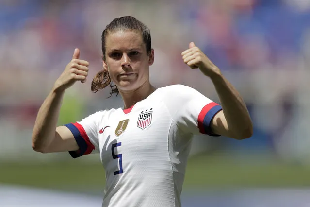 Kelley O'Hara, a defender for the United States women's national team, which is headed to the FIFA Women's World Cup, is introduced for fans during a send-off ceremony following an international friendly soccer match against Mexico, Sunday, May 26, 2019, in Harrison, N.J. The U.S. won 3-0. (Photo by Julio Cortez/AP Photo)
