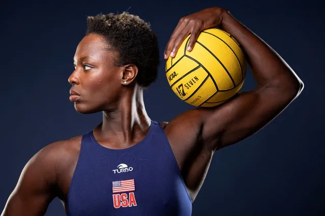 American water polo player Ashleigh Johnson poses for a portrait during the Team USA media summit ahead of the Paris Olympics and Paralympics, at an event in New York on April 16, 2024. (Photo by Andrew Kelly/Reuters)
