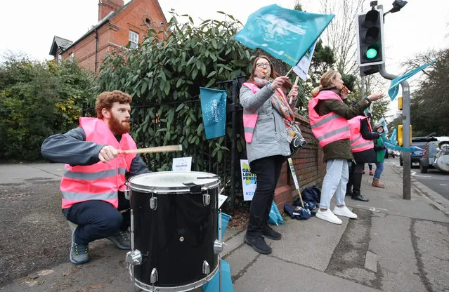 Protesters outside Howell's School in Cardiff as NEU teacher members at Girls' Day School Trust's independent schools take part in national strike action on February 10, 2022. (Photo by Gareth Everett/Huw Evans/Rex Features/Shutterstock)