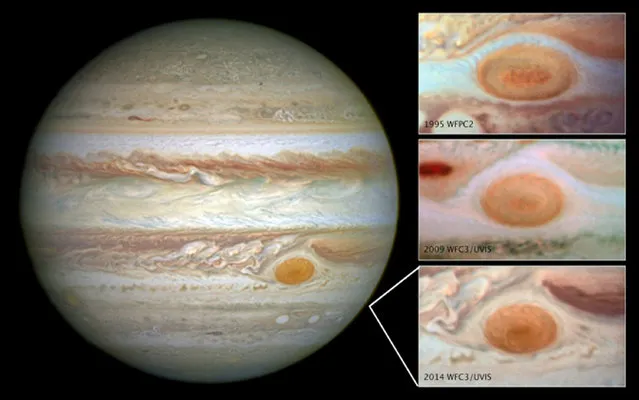 This undated composite handout image provided by NASA, taken by the Hubble Space Telescope, shows the planet Jupiter and the The Great Red Spot in 2014, left; in 1995, top right; 2009, center right; and 2014, bottom right. Jupiter’s signature Great Red Spot is on a cosmic diet, shrinking rapidly before our eyes. (Photo by AP Photo/NASA)