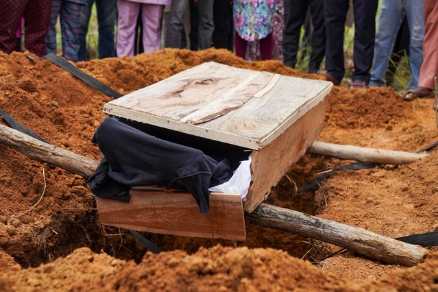 The coffin of Emmanuel Dennis, one of the children killed in the Saint Academy collapse, is seen during his funeral in Jos, Plateau state, Nigeria, on July 14, 2024. (Photo by Marvellous Durowaiye/Reuters)