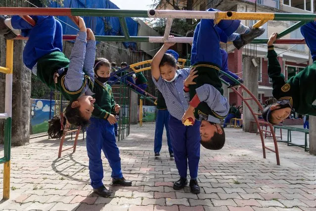 An exile Tibetan child bites into an apple while hanging upside down from iron bars during a break in classes at the Tibetan Children's Village Day School in Dharmsala, India. Thursday, March 24, 2022. The school life is slowly returning to normal after disruptions due to the COVID-19 pandemic. (Photo by Ashwini Bhatia/AP Photo)