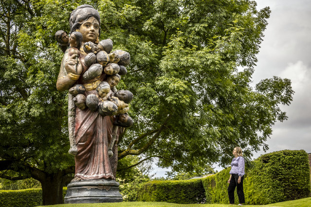 Gemma Donovan on June 19, 2024 contemplates Ancestor (2022), which forms part of the exhibition Bharti Kher: Alchemies at the Yorkshire Sculpture Park near Barnsley, UK. The exhibition opens on Saturday, June 22. (Photo by James Glossop/Times Media Ltd)