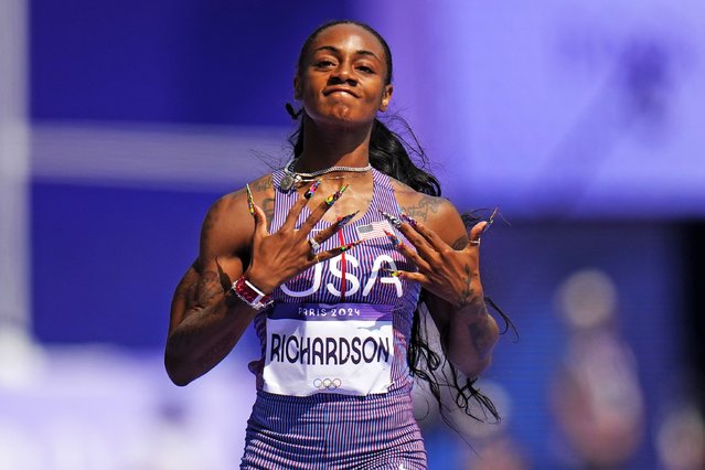 Sha'carri Richardson of the United States, wins a heat in the women's 100-meter run at the 2024 Summer Olympics, Friday, August 2, 2024, in Saint-Denis, France. (Photo by Petr David Josek/AP Photo)