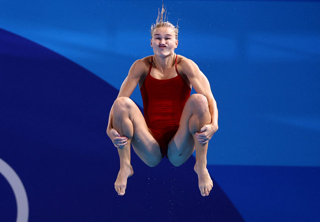 Helle Tuxen of Norway takes the plunge during the women’s 3m springboard diving at Aquatics Centre in Saint-Denis, France on August 07, 2024. (Photo by Hannah McKay/Reuters)