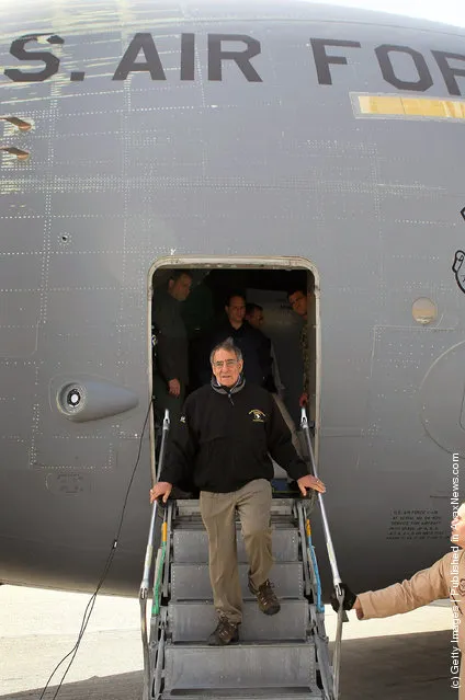 U.S. Secretary of Defense Leon Panetta steps off the plane after arriving in Afghanistan March 14, 2012 at Camp Bastion, Afghanistan