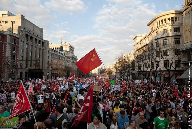 Demonstrators crowd Cibeles Square during a general strike on March 29, 2012 in Madrid, Spain