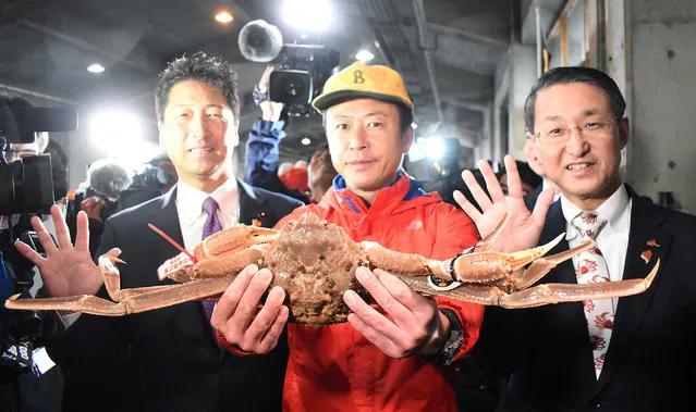 A man holds a snow crab that was auctioned for five million yen (almost 46,000 US dollar) at Tottori port in Tottori, Tottori Prefecture, Japan, 07 November 2019. The snow crab was sold for a record five million yen during the first auction of the year. (Photo by EPA/EFE/JIJI Press)