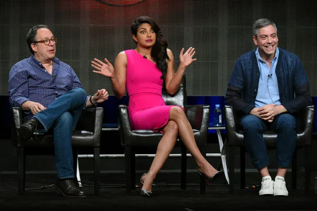 Executive producer Mark Gordon, from left, actress Priyanka Chopra, and writer/executive producer Joshua Safran appear during the “Quantico” panel at the Disney/ABC Summer TCA Tour at the Beverly Hilton Hotel on Tuesday, Aug. 4, 2015 in Beverly Hills, Calif. (Photo by Richard Shotwell/Invision/AP Photo)