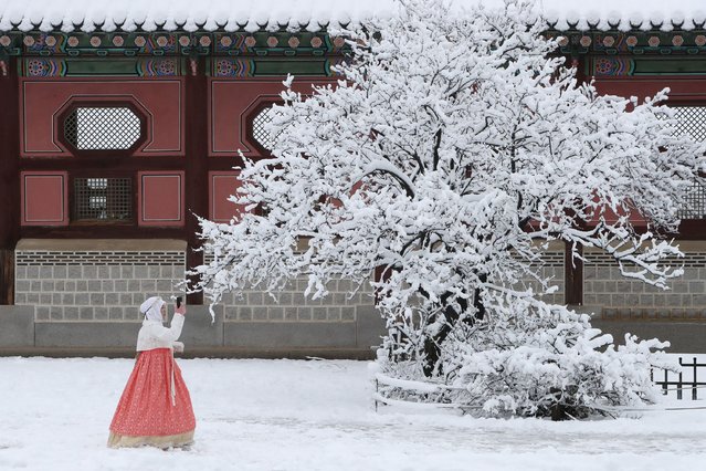 A woman takes a photo with snow at the Gyeongbok Palace on November 27, 2024 in Seoul, South Korea. According to the state weather agency, more than 16 centimeters of snow blanketed capital city Seoul on Wednesday, marking the biggest snowfall in November since modern weather observations began in 1907. (Photo by Chung Sung-Jun/Getty Images)
