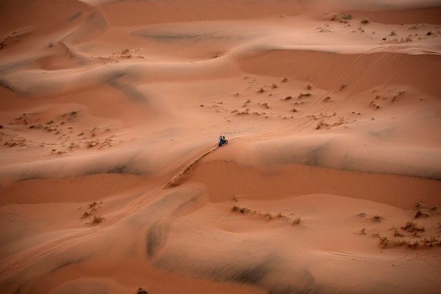 Milan Engel rides on the sand dunes during the seventh stage of the Dakar Rally with start and finish in Al Duwadimi, Saudi Arabia, Sunday, January 12, 2025. (Photo by Christophe Ena/AP Photo)