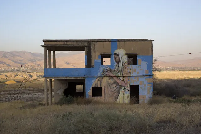 A mural and graffiti by unknowns artists are on display of an abandoned building used to be a water pump from the Jordan River, in the Jordan Valley, Israel, 22 June 2016, backdropped by the security fence on the border between Jordan and Israel. (Photo by Atef Safadi/EPA)