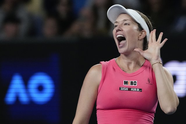 Danielle Collins of the U.S. reacts after defeating Destanee Aiava of Australia in their second round match at the Australian Open tennis championship in Melbourne, Australia, Thursday, January 16, 2025. (Photo by Manish Swarup/AP Photo)