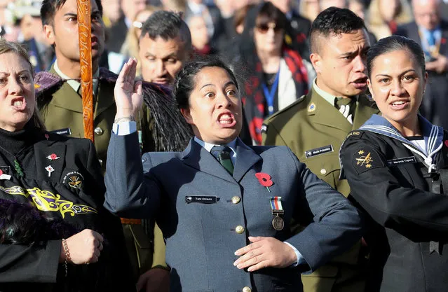 A general view of New Zealand military personnal performing the traditional Maori greeting, the Hongi, at the New Zealand Commemoration for the Battle of Passchendaele at Tyne Cot Cemetery on October 12, 2017 in Flanders, Belguim. The Commemoration marks the centenary of the Third Battle of Ypres during World War One, where the New Zealand Division suffered heavy losses. (Photo by Chris Jackson/Getty Images/PA Wire)