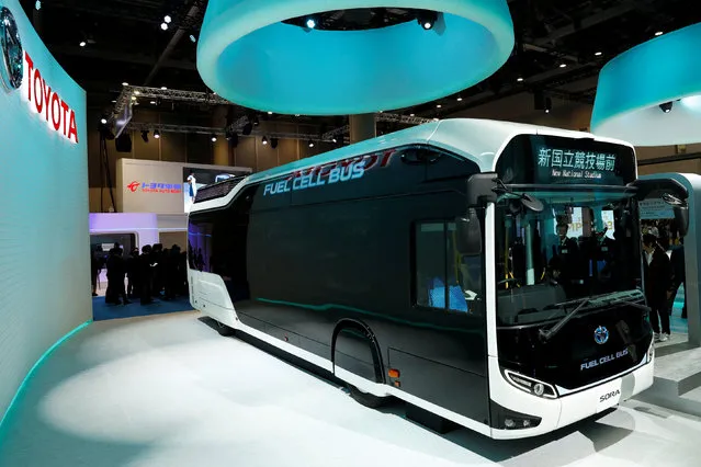 Toyota Motor Corp. displays the company's fuel cell bus Sora during media preview of the 45th Tokyo Motor Show in Tokyo, Japan on October 25, 2017. (Photo by Kim Kyung-Hoon/Reuters)