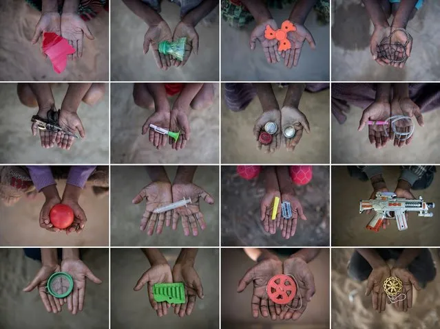 This combination of pictures created on December 3, 2017 shows Rohingya children holding objects they use as toys to play with in refugee camps in Bangladesh's Cox's Bazar. Over 620,000 Rohingya refugees, more than half of them children, have crossed into Bangladesh since late August after a militant attack on police outposts sparked a deadly crackdown by the Myanmar military. (Photo by Ed Jones/AFP Photo)