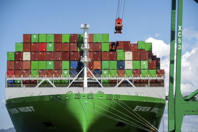Shipping containers line the Ever Most cargo vessel docked at the Port of Oakland on Thursday, April 3, 2025, in Oakland, Calif. (Photo by Noah Berger/AP Photo)