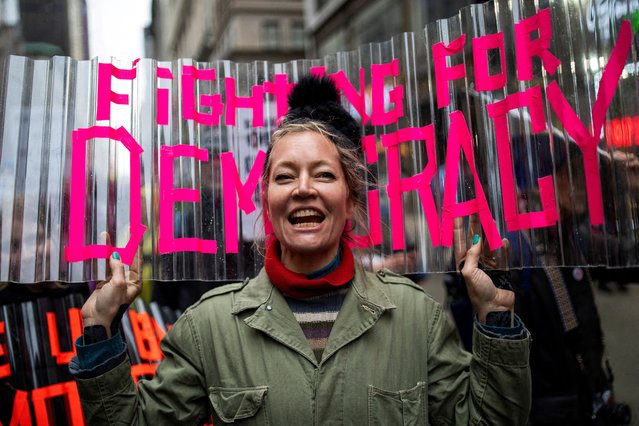 A woman shouts slogans as she takes part in the nationwide “Hands Off” anti-Trump protests in New York City, U.S., April 5, 2025. (Photo by Eduardo Munoz/Reuters)