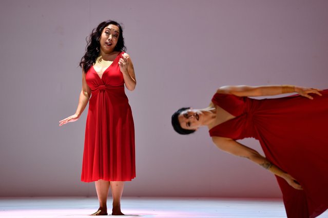 Soprano Sandy Leung (L) performs as Eurydice during a rehearsal of Orpheus & Eurydice at the Sydney Opera House in Sydney, Australia 10 January 2024. Opera Australia and Sydney Festival in association with Circa will present the Sydney Premiere of Opera Queensland's critically acclaimed reimagining of Gluck's Orpheus & Eurydice at the Sydney Opera House. (Photo by Bianca De Marchi/EPA/EFE)