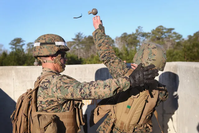 Sgt. Daniel Pettway (L) of Jacksonville, NC instructs Pfc. Shaina Hart of Floydada, TX the proper technique for throwing a hand grenade during Marine Combat Training (MCT) on February 21, 2013 at Camp Lejeune, North Carolina.  Since 1988 all non-infantry enlisted male Marines have been required to complete 29 days of basic combat skills training at MCT after graduating from boot camp. MCT has been required for all enlisted female Marines since 1997. About six percent of enlisted Marines are female.  (Photo by Scott Olson)